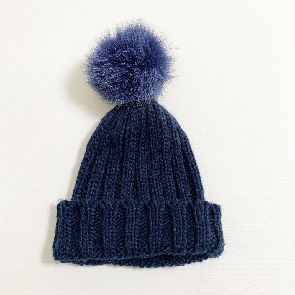 Angora Pom Pom Knit Beanie Navy Blue One Size